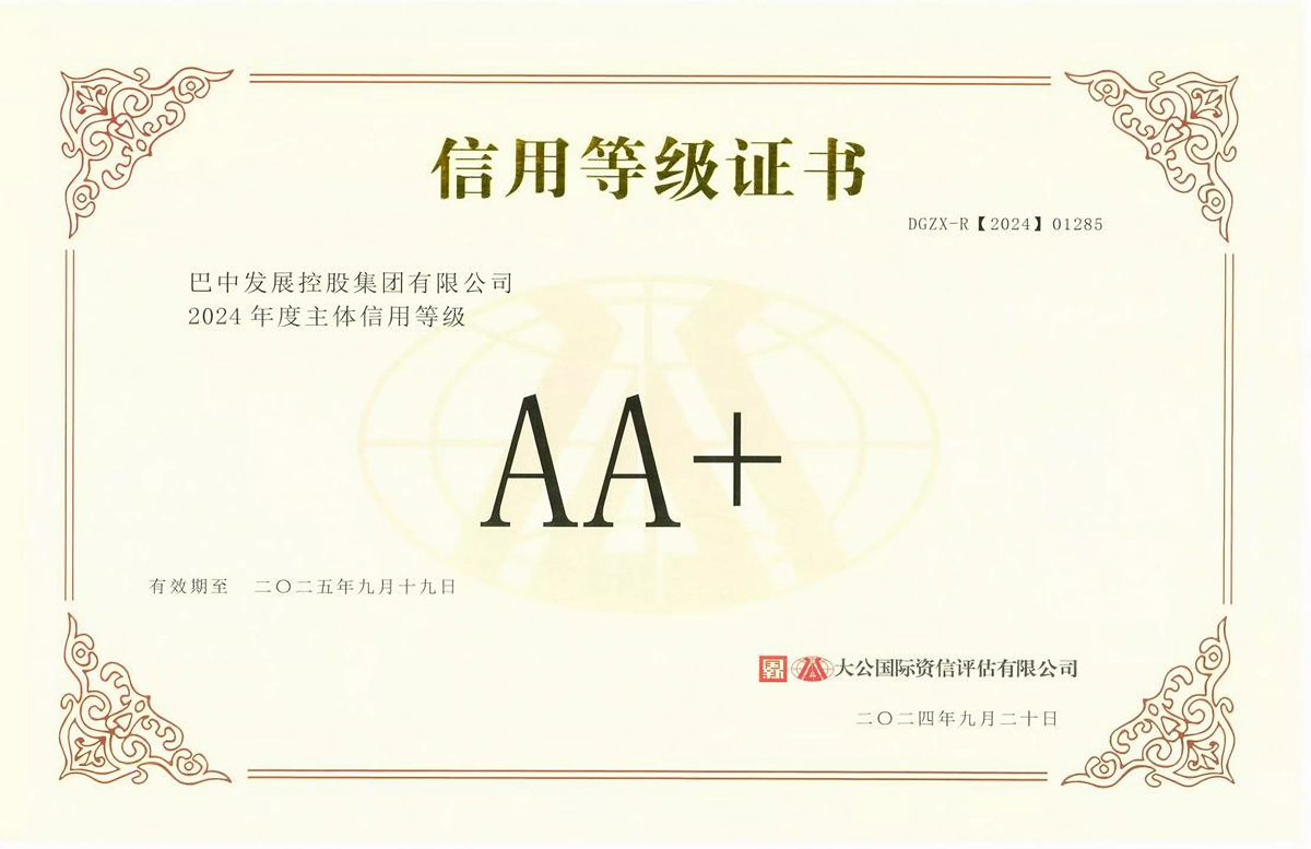 2024年9月20日，巴中發(fā)展集團獲得大公國際評級公司AA+主體信用評級